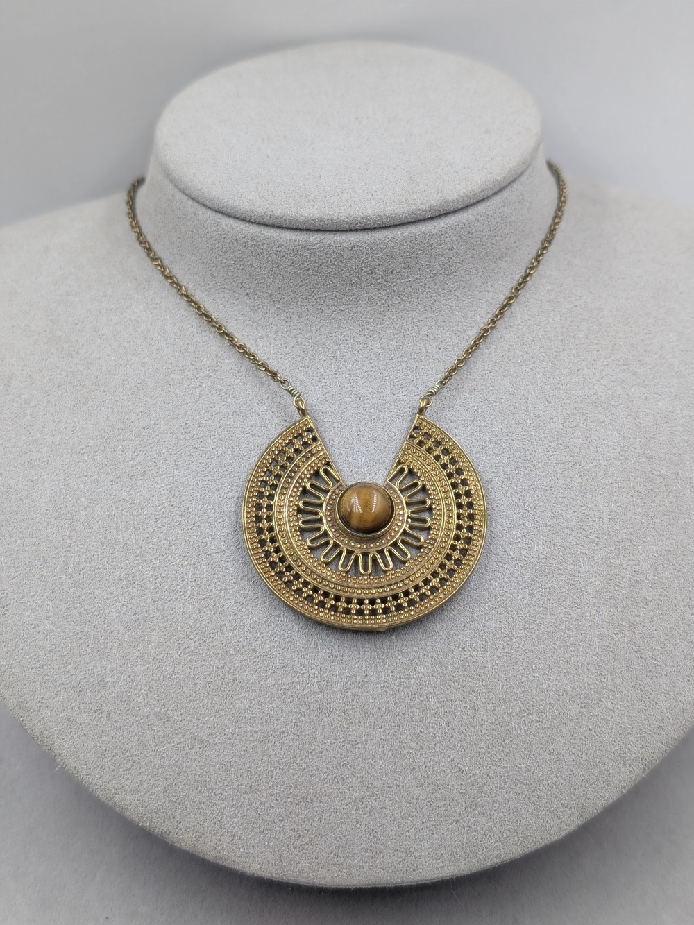 Boho Tiger’s Eye Style Crescent Statement Pendant Necklace | M219
